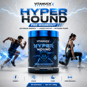 Vitamuch Hyper Hound pre-workout supplement with athletes in the background