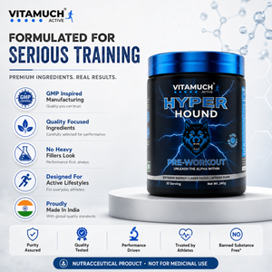 Vitamuch Hyper Hound pre-workout supplement container with branding and product details on a white background