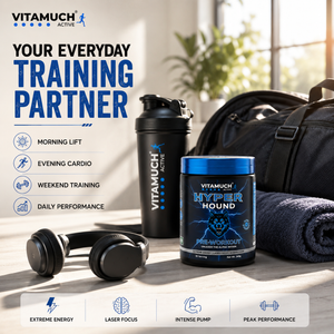 Vitamuch Hyper Hound supplement with gym equipment on a table.
