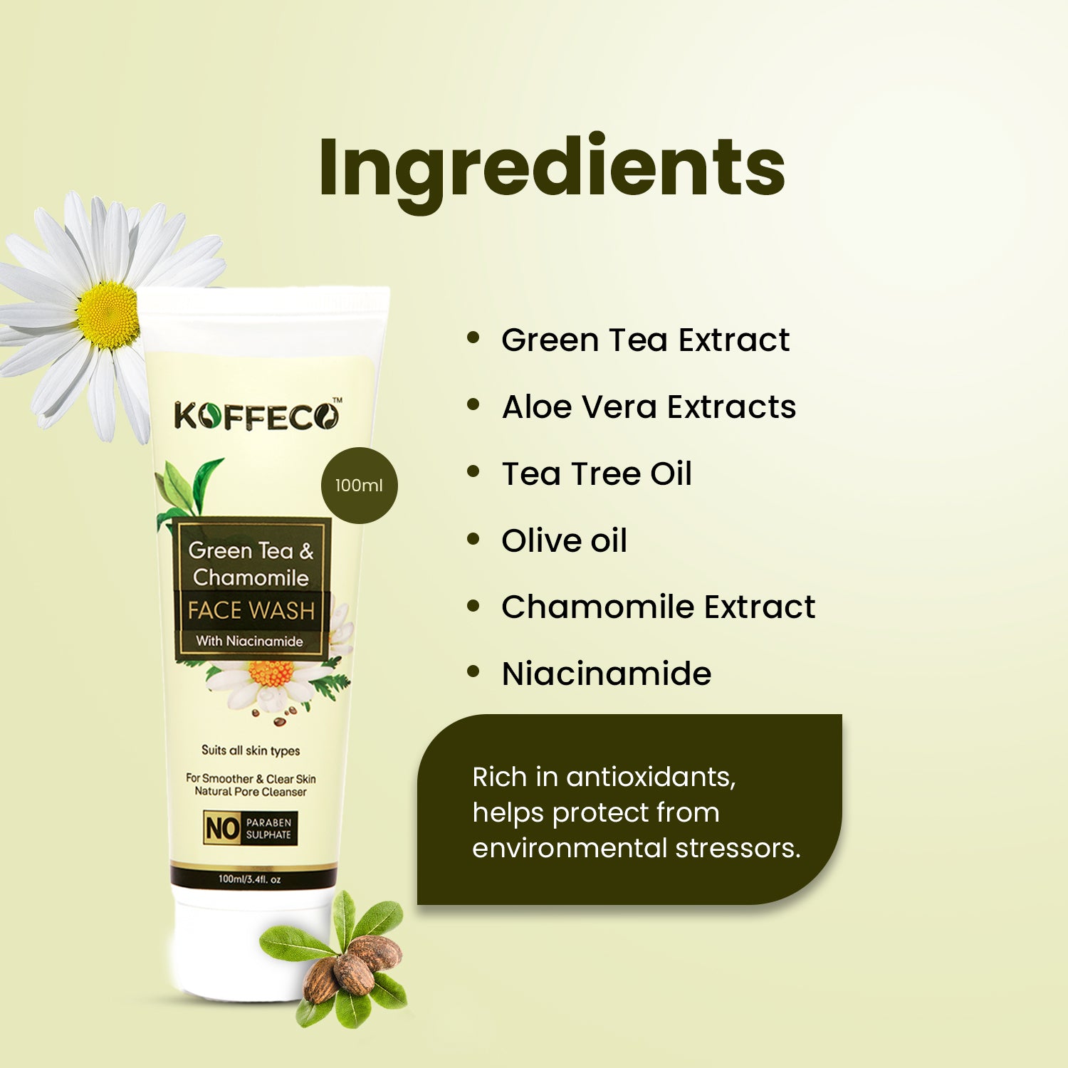 GREEN TEA & CHAMOMILE WITH NIACINAMIDE NATURAL FACE WASH FOR MEN & WOMEN 100 ML
