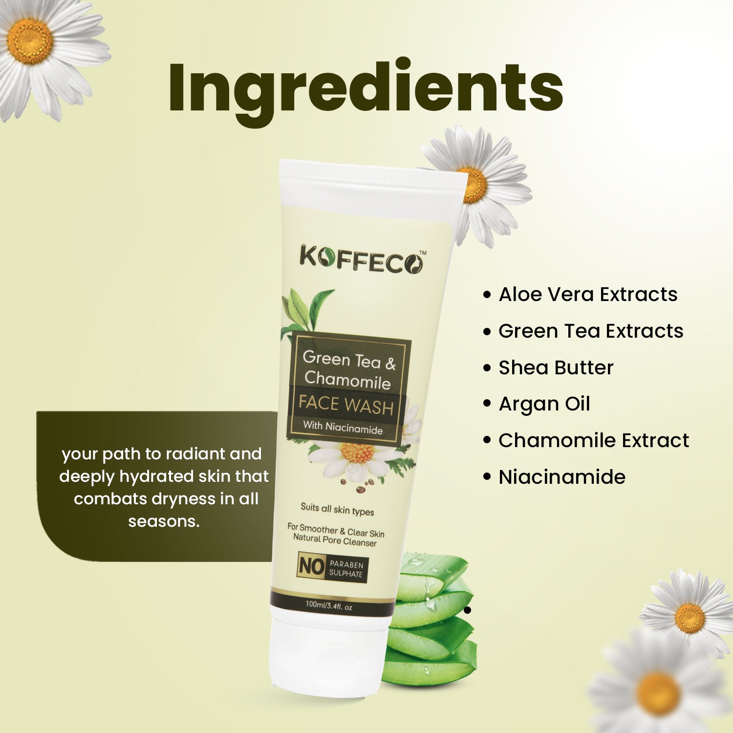 GREEN TEA, CHAMOMILE FACE WASH + GREEN TEA, CHAMOMILE FACE MOISTURIZER_PACK OF 2 (200ml Kit)