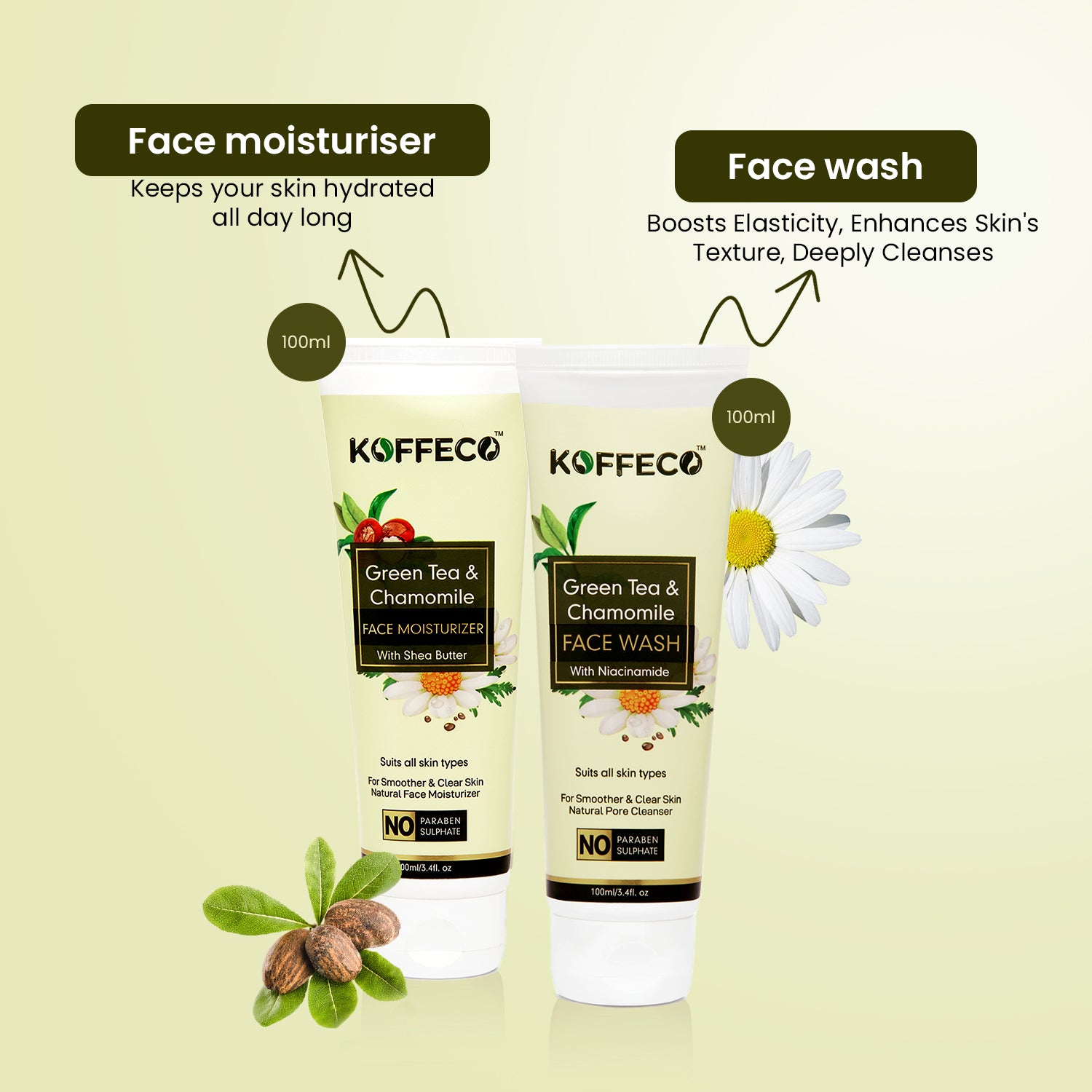 GREEN TEA, CHAMOMILE FACE WASH + GREEN TEA, CHAMOMILE FACE MOISTURIZER_PACK OF 2 (200ml Kit)