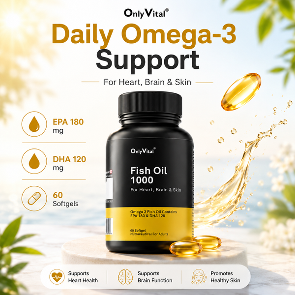 OnlyVital Fish Oil 1000mg Softgel Capsules | EPA 180mg DHA 120mg | Omega 3 for Heart, Brain, Eye & Joint Health Supplement