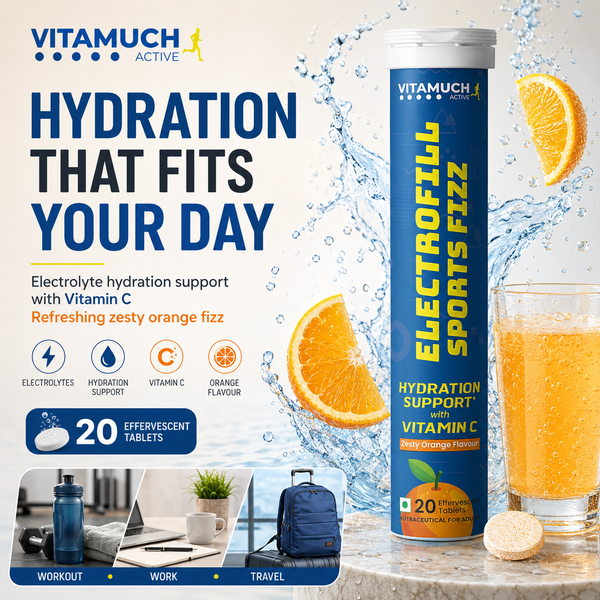 Vitamuch Electrofill Sports Electrolyte Effervescent Tablets | Hydration, Stamina & Recovery for Athletes | Orange Flavour | 20 Tabs