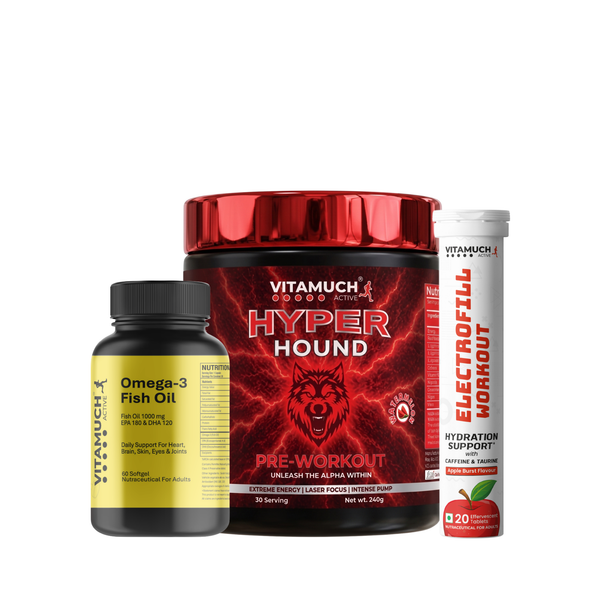 Vitamuch Athlete Power Pack | Complete Workout Bundle – Pre-Workout + Electrolyte + Omega 3