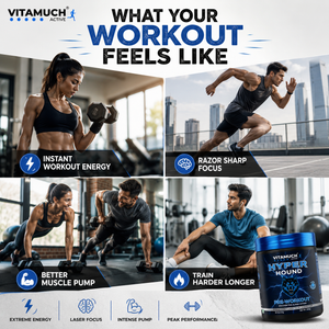Vitamuch Hyper Mound pre-workout supplement advertisement with fitness models and text highlighting product benefits.