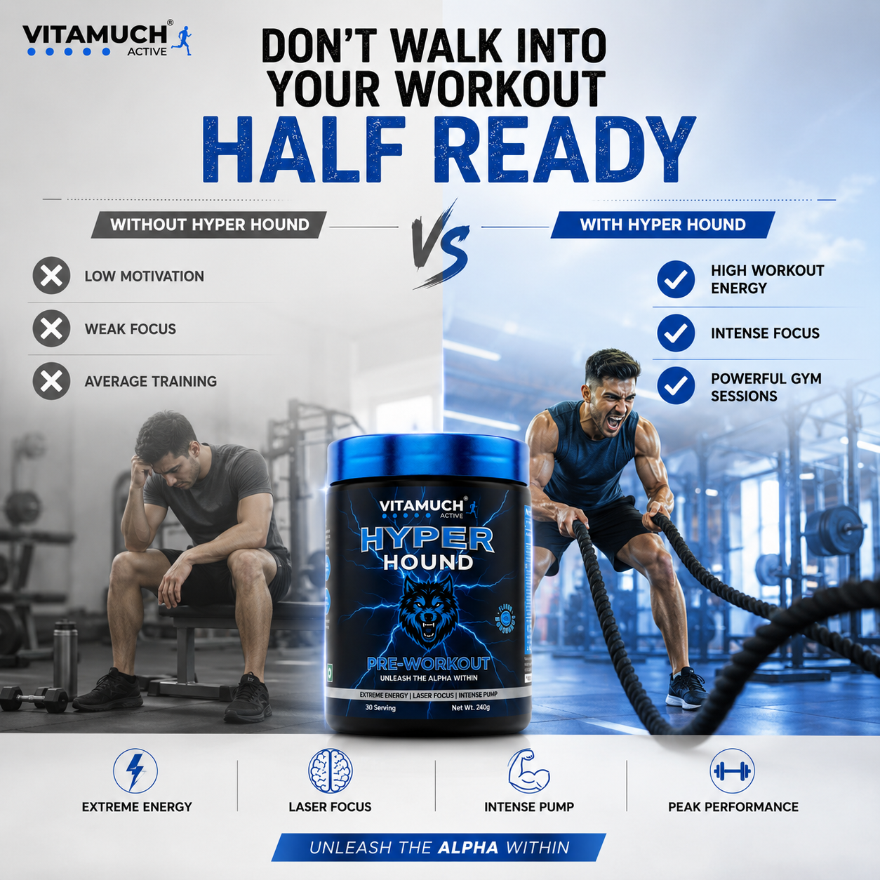 Advertisement for Vitamuch Hyper Hound supplement showing a before-and-after scenario with a person in a gym.