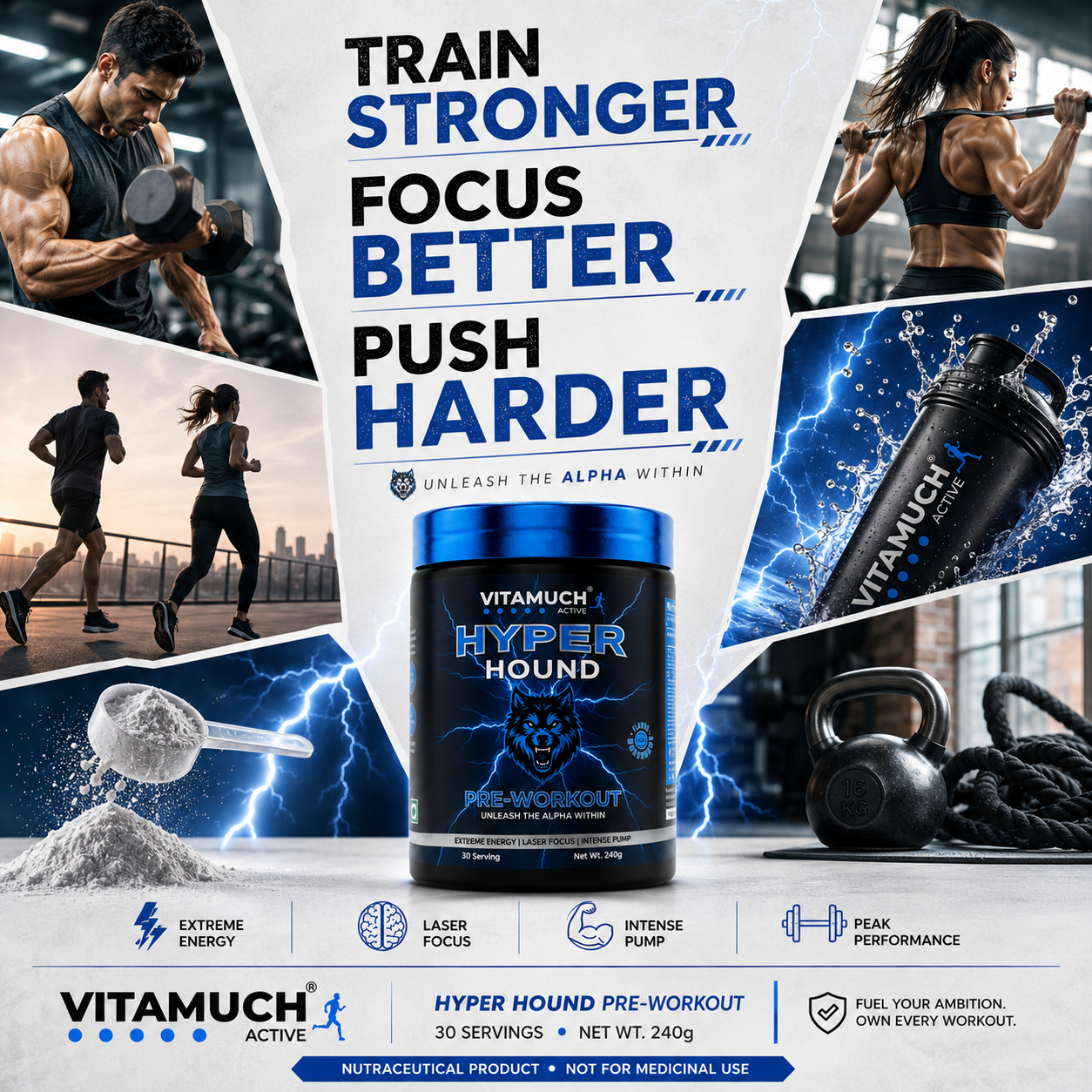 Vitamuch Hyper Hound pre-workout supplement with fitness-themed background
