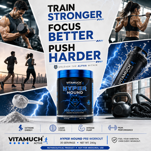 Vitamuch Hyper Hound pre-workout supplement with fitness-themed background
