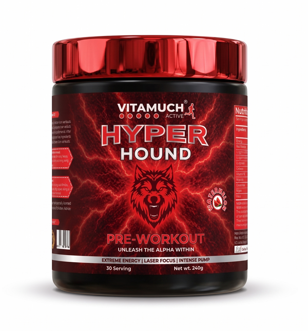 Vitamuch Hyper Hound Pre-Workout Powder | Caffeine + Beta Alanine + L-Arginine | Muscle Pump, Strength & Endurance for Men | 240g Watermelon Flavour